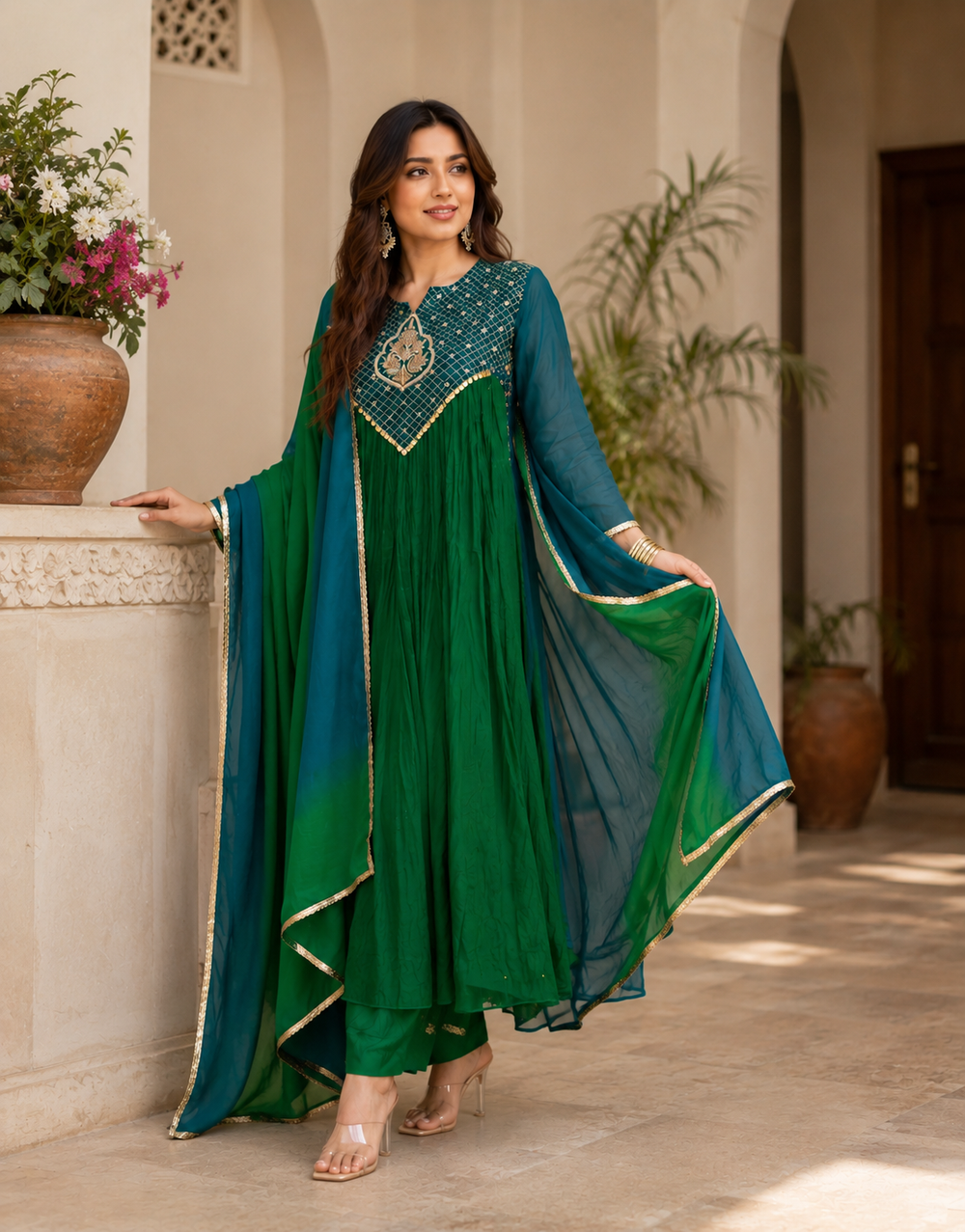 Women's Emerald Green Embroidered Anarkali Kurta Set with Chiffon Dupatta