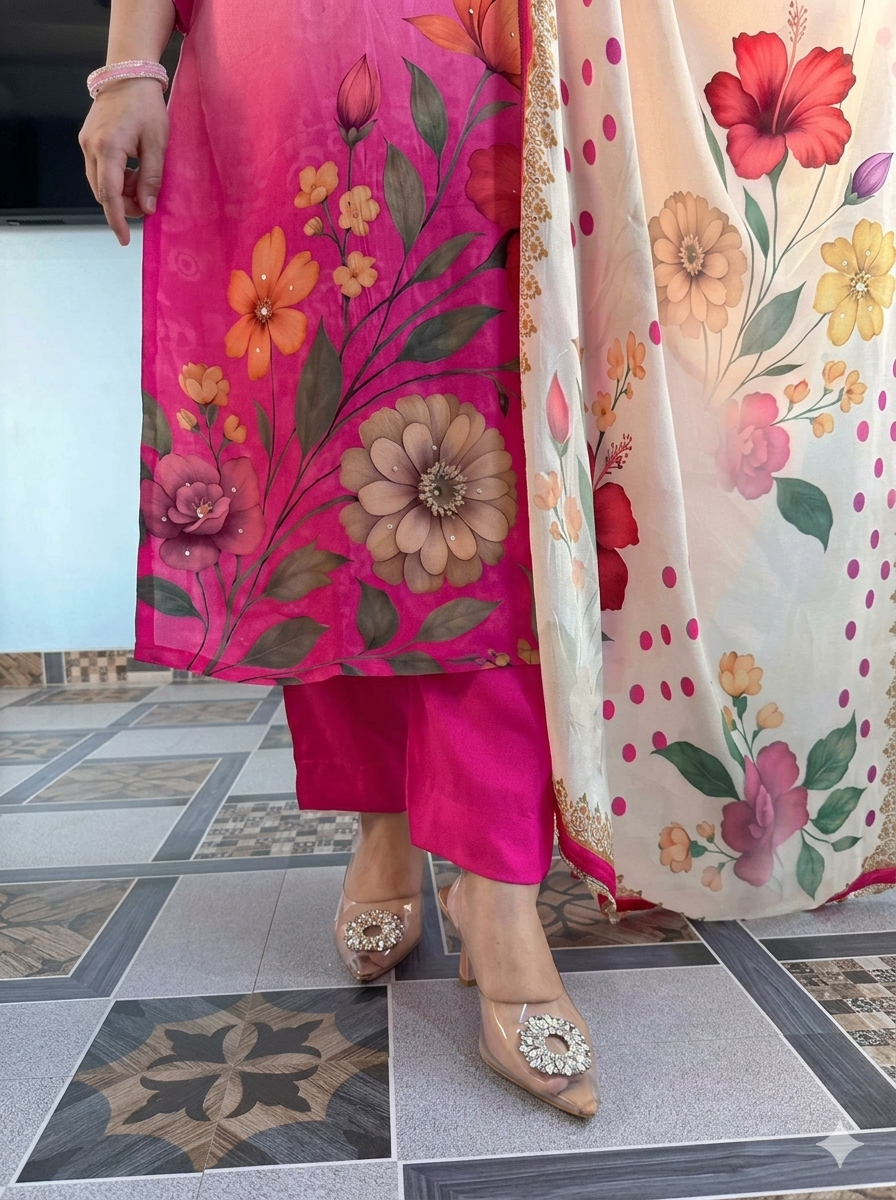 Pink Ombre Floral Print Ethnic Kurta Pant Dupatta Set