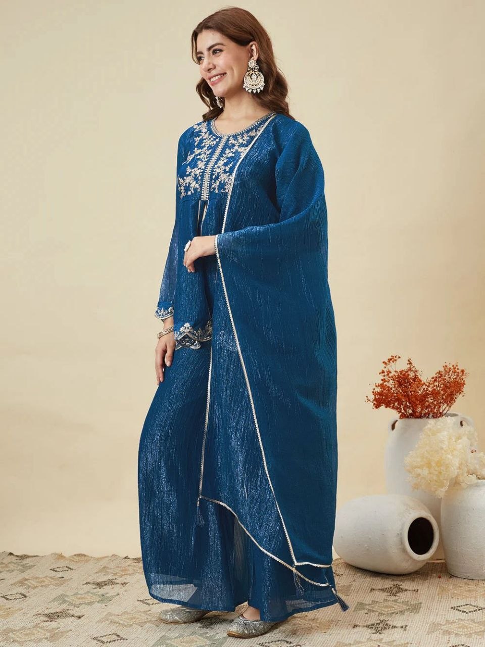 Royal Blue Embroidered Kurta Palazzo Set with Dupatta