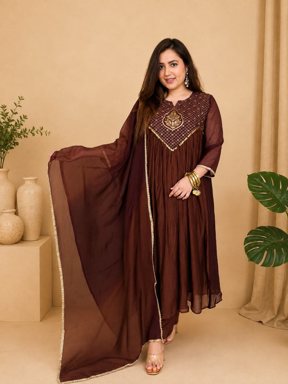 Premium Pure Mul Chanderi Festive Anarkali Suit Set in Espresso Brown