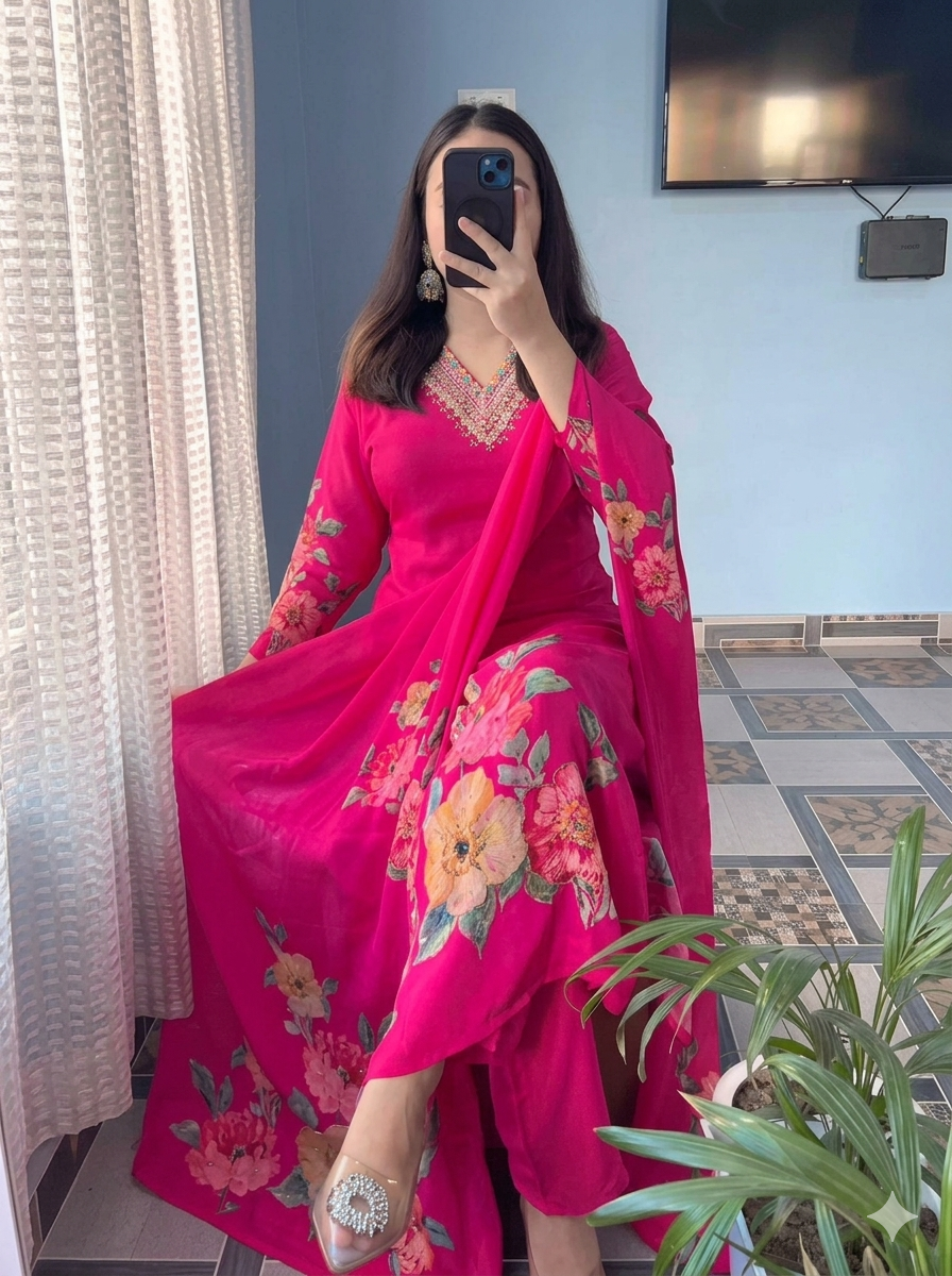 Rani Pink Natural Soft KitKat Silk Suit with Heavy Hand Work