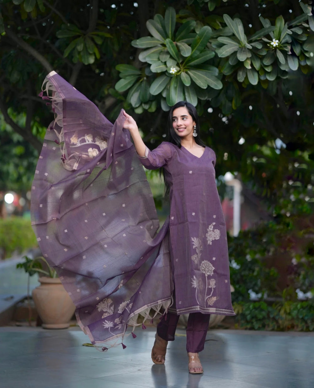 Pastel Mauve Floral Kurta Pant Set with Sheer Dupatta