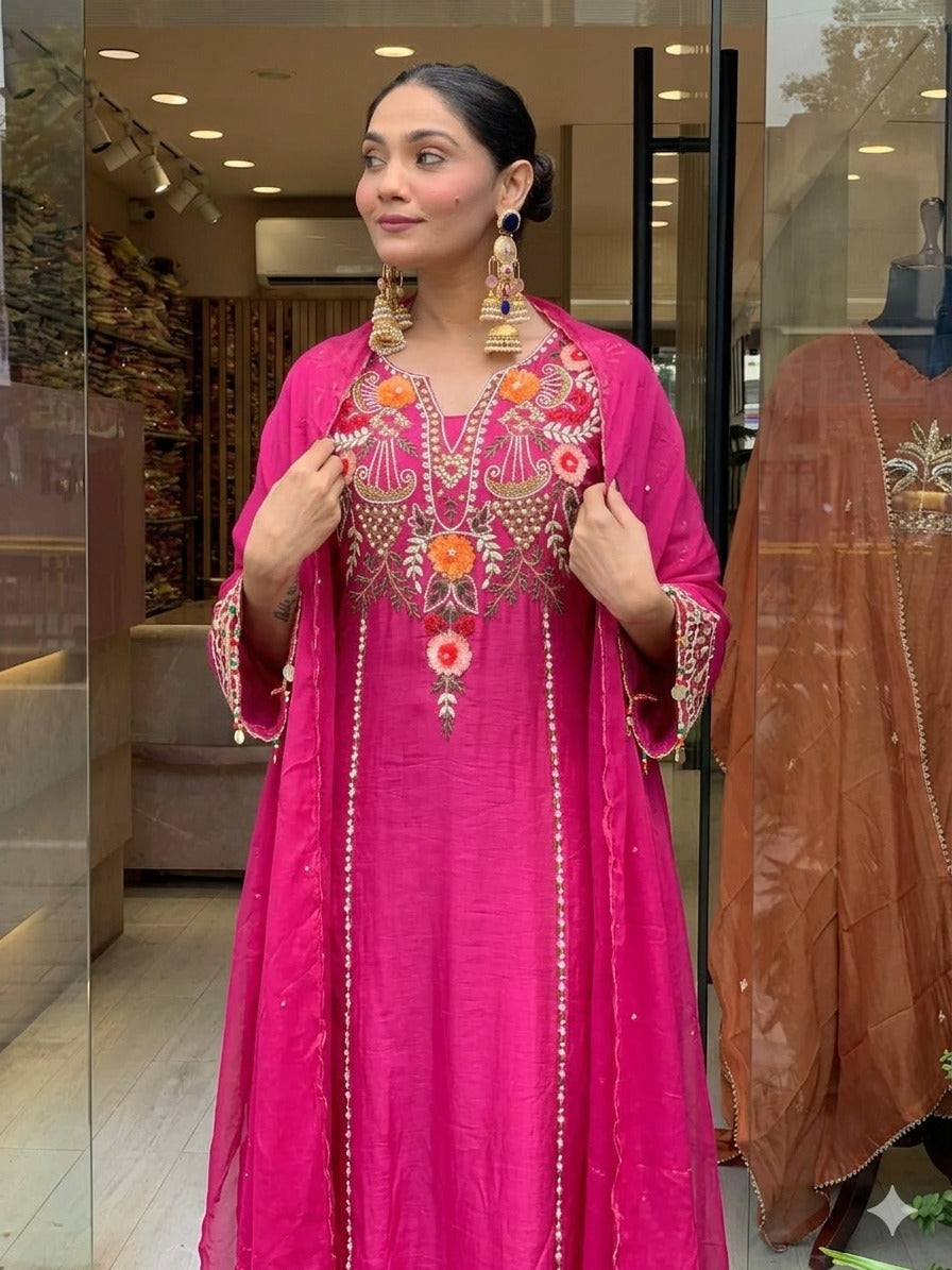 Rani Pink Chanderi Silk Embroidered Kurta Pant Set with Dupatta