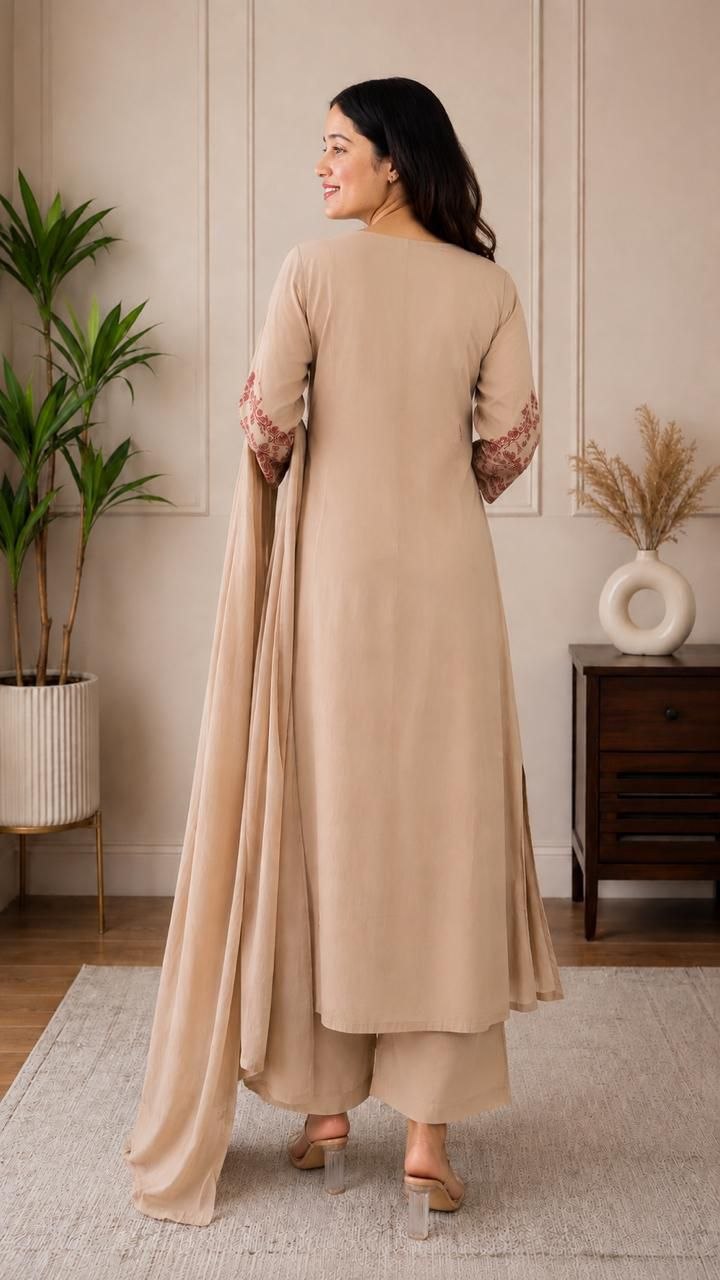 Beige Floral Embroidered Cotton Anarkali Kurta with Palazzo & Dupatta Set