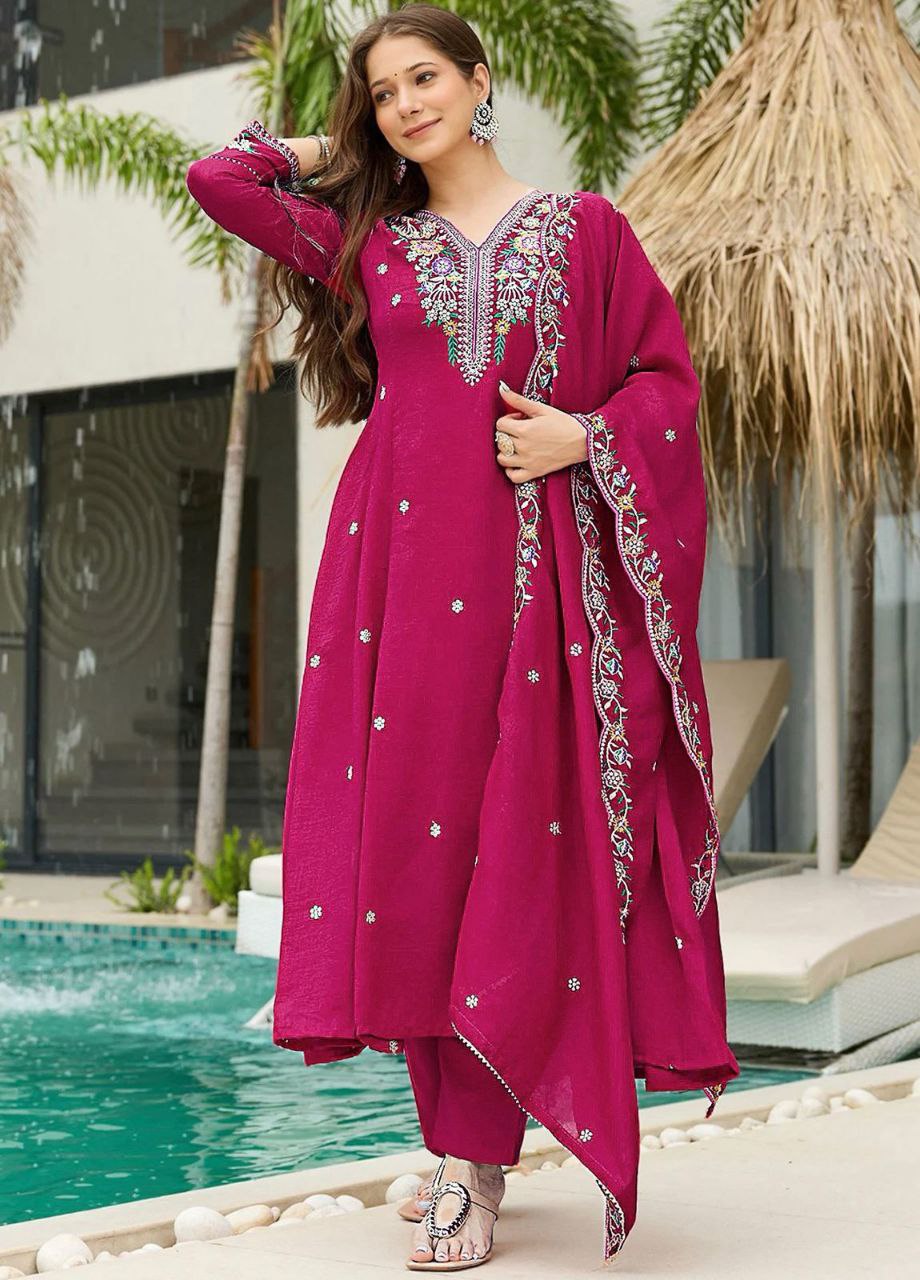 Elegant Vichitra Silk Embroidered Anarkali Kurta Set with Dupatta