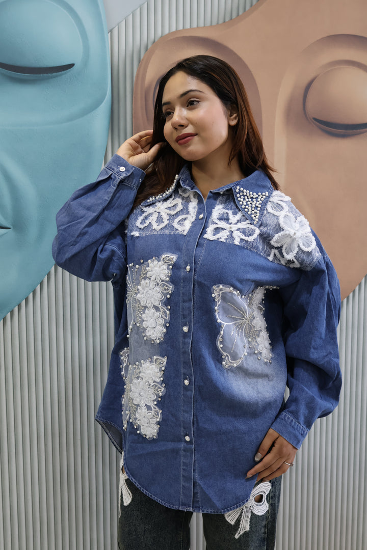 Denim Shacket with Butterfly Applique & Pearl Detailing | Designer Jacket-Style Shirt