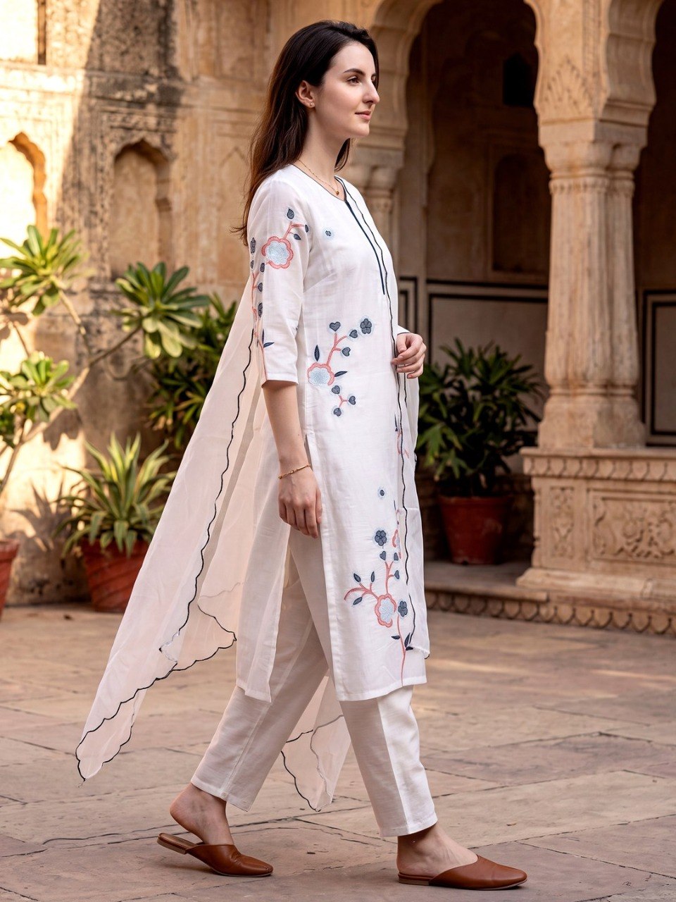 Ivory Blossom Hand-Embroidered Kurta Set with Organza Style Scalloped Dupatta