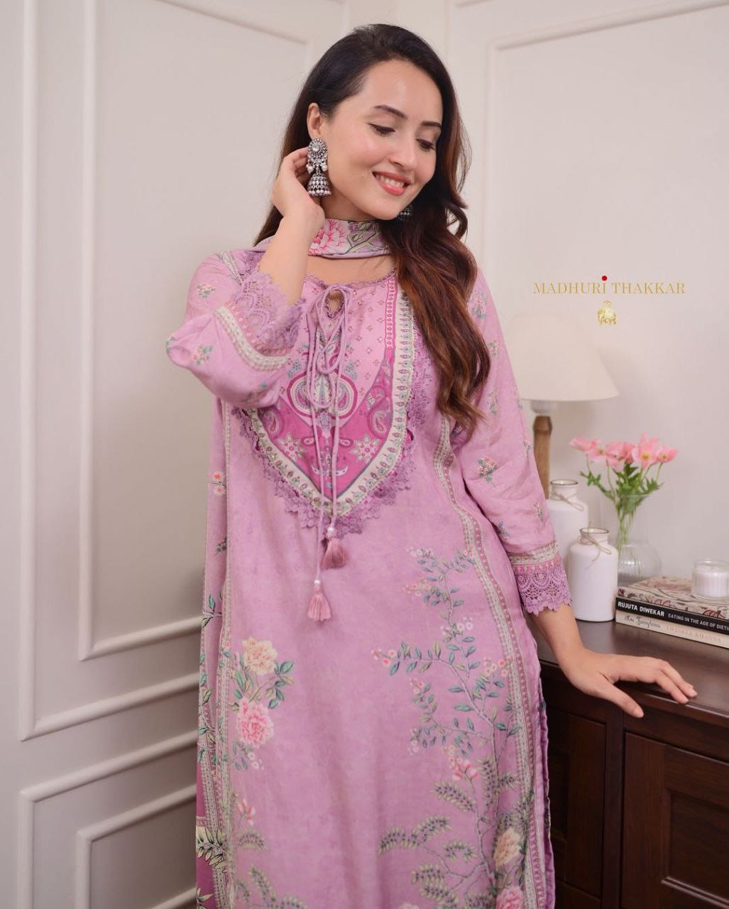 Elegant Lilac Floral Printed Straight Kurta, Pant & Dupatta Set for Women