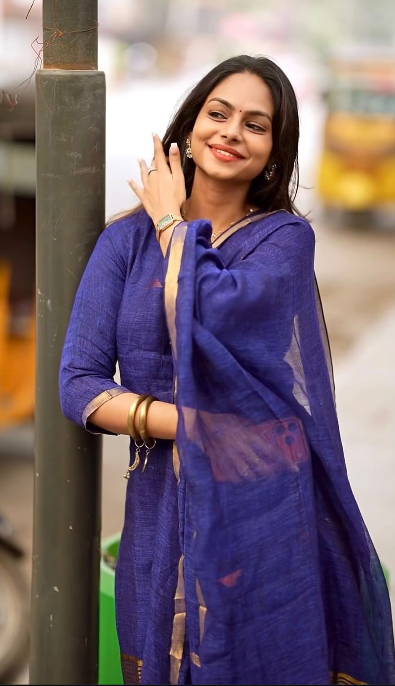 Glamorous Blue & Gold Designer Jacquard Suit with Dupatta Set