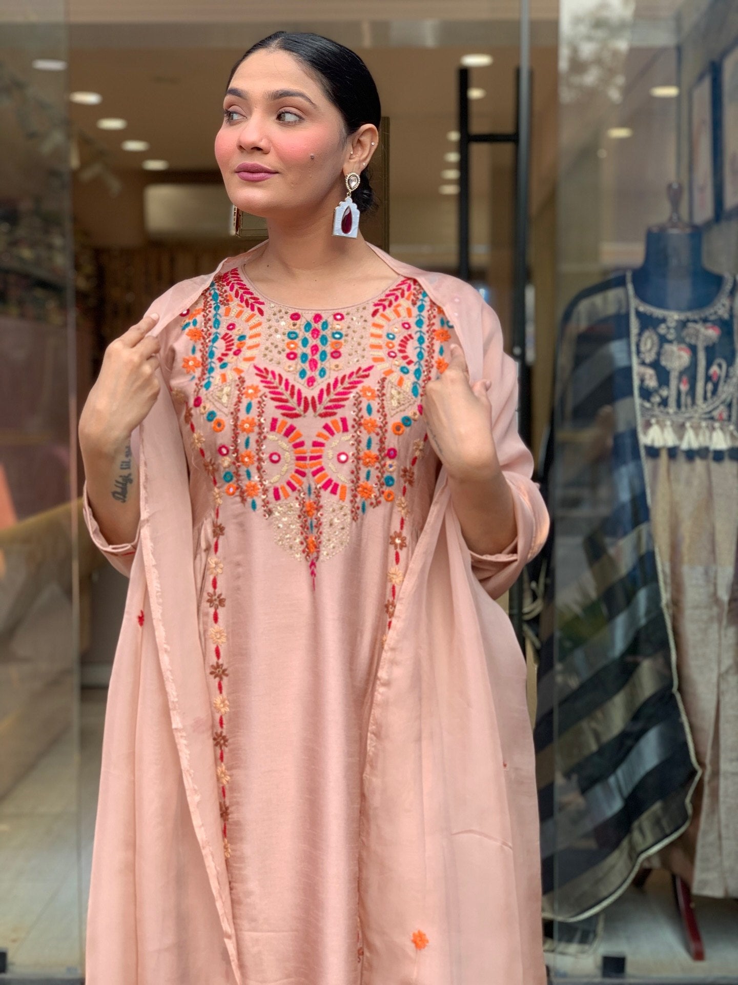 Elegant Peach Embroidered Anarkali Kurta Pant Set with Dupatta