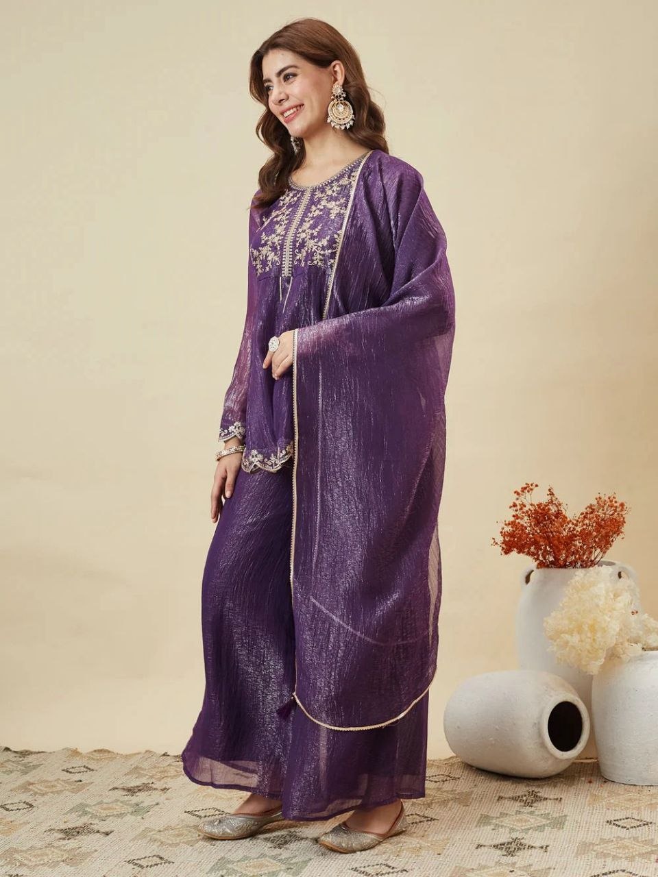 Purple Embroidered Kurta Palazzo Set with Dupatta