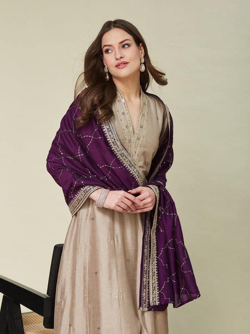 Beige Embroidered Anarkali Kurta Set with Purple Dupatta