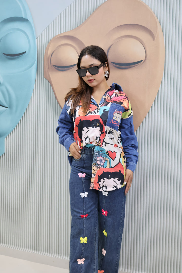 Cartoon rubber Print Denim Patch Shirt
