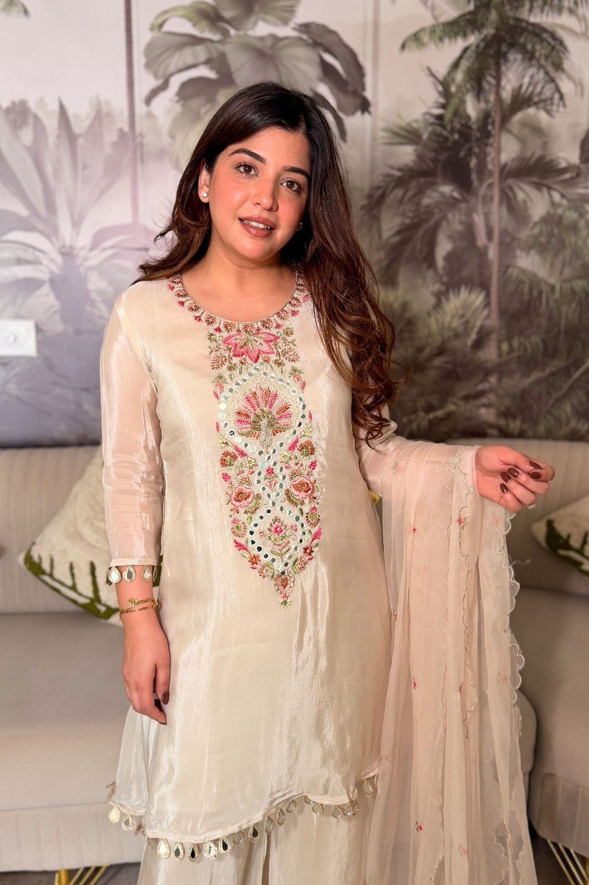 Elegant Off-White Thread Work Kurta Set with Palazzo and  Dupatta