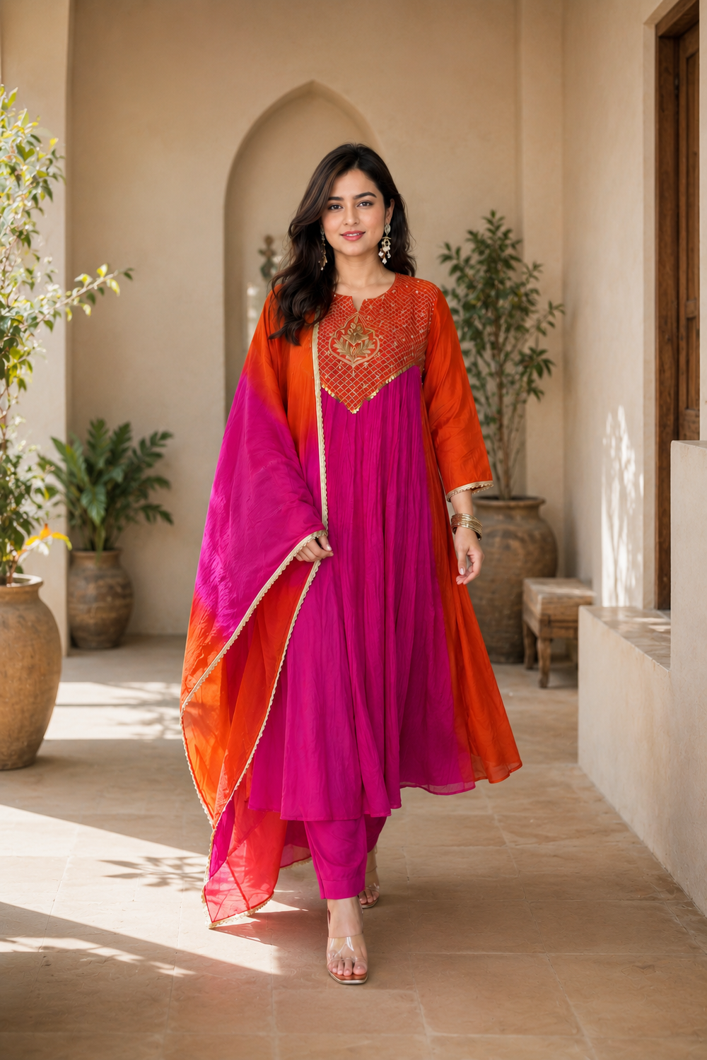 Orange & Pink Embroidered Anarkali Suit Set for Women
