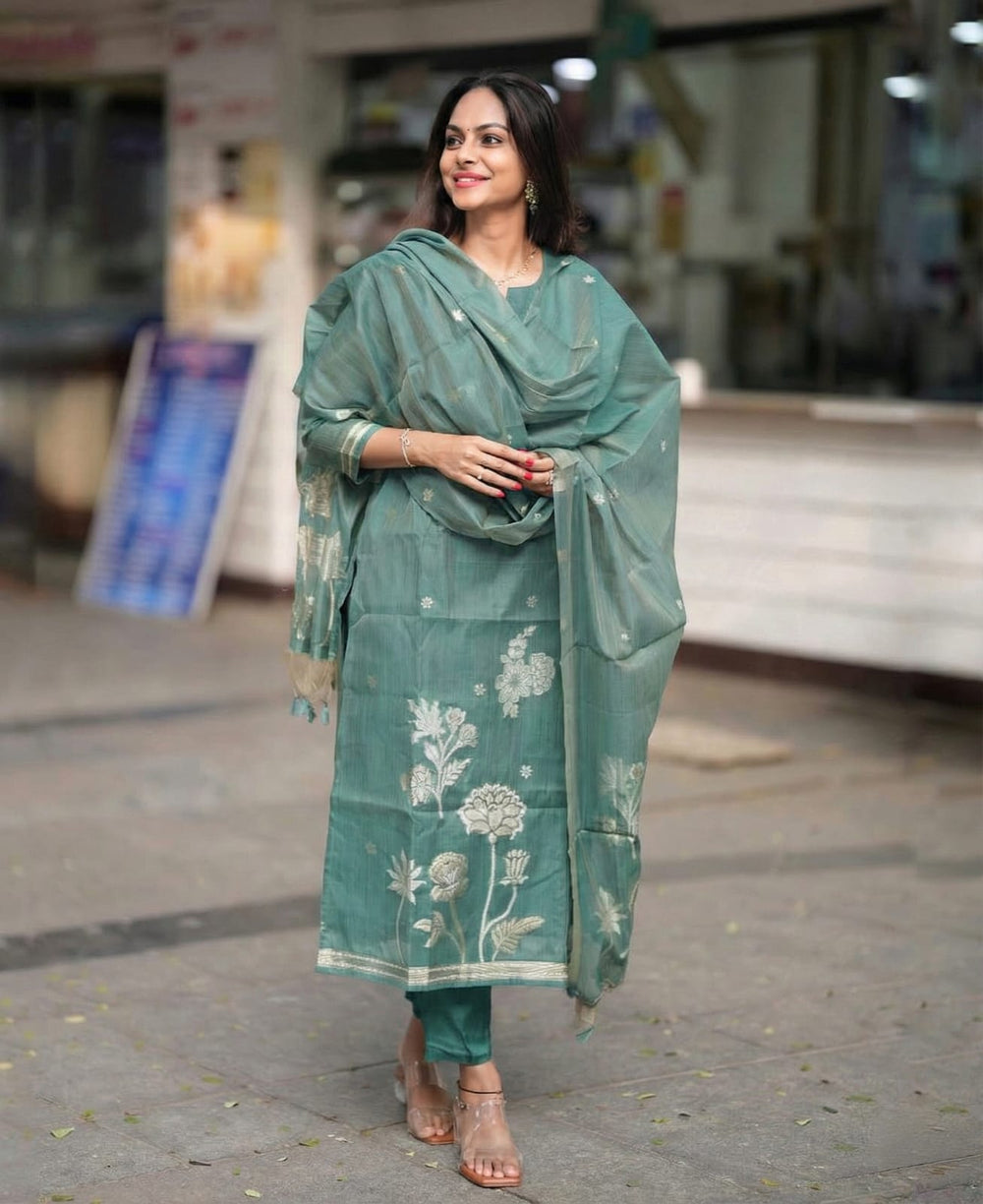 Women's Elegant Sage Green Woven Floral Silk Kurta Pant Set with Dupatta