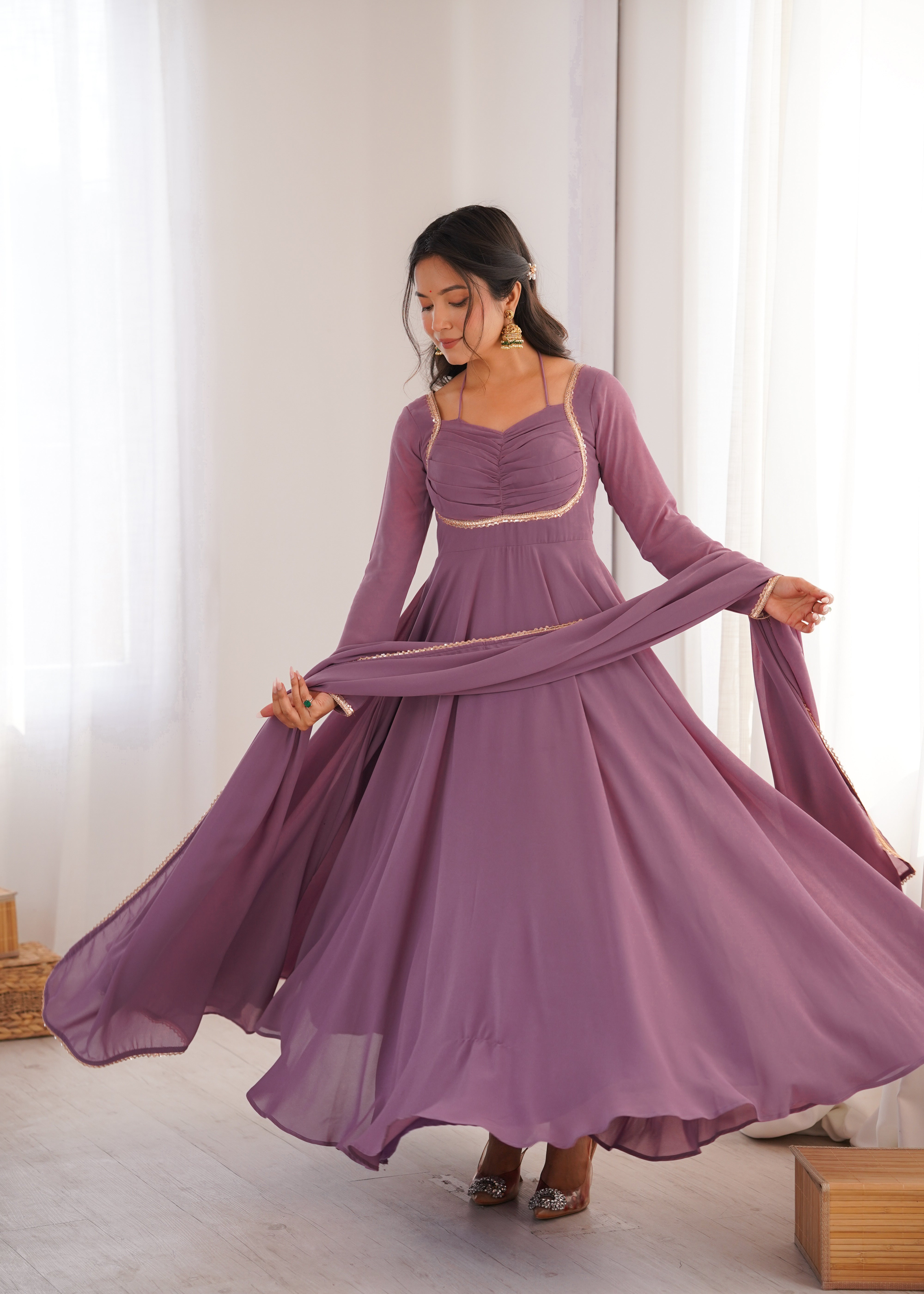 Mauve Pink Fox Georgette Umbrella Flair Fancy Neck Gown With Dupatta