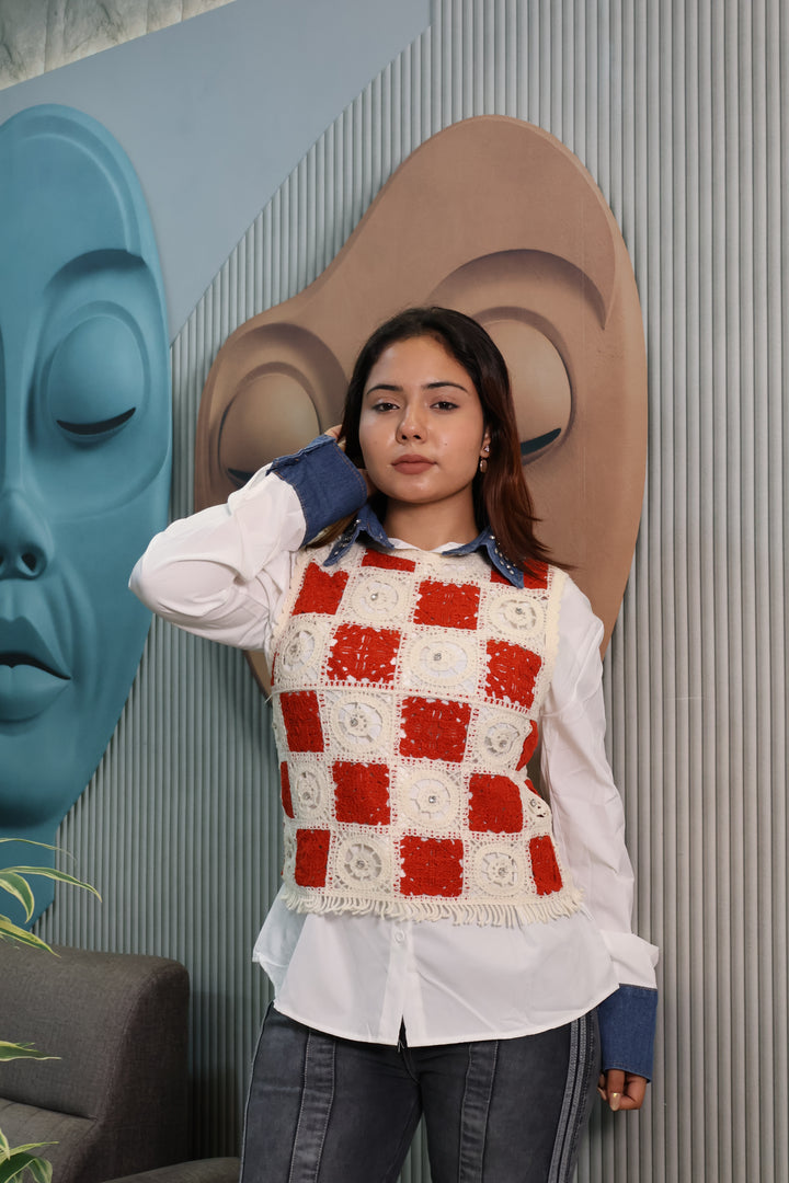 Crochet Patchwork Layered Shirt Top with Denim Collar