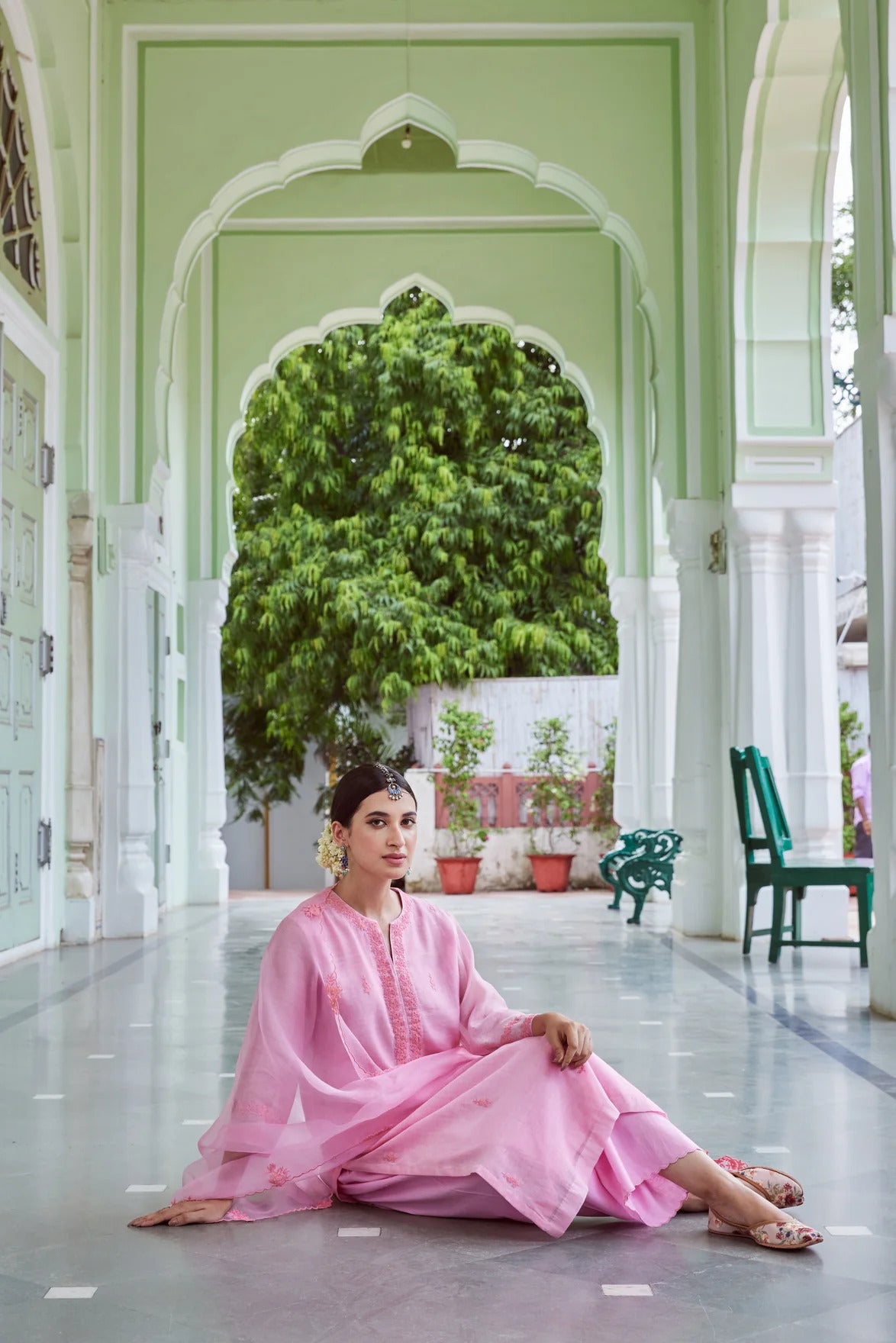 Light Pink Work Mul Chanderi with Ghewar Hand Embroidery Suit Set