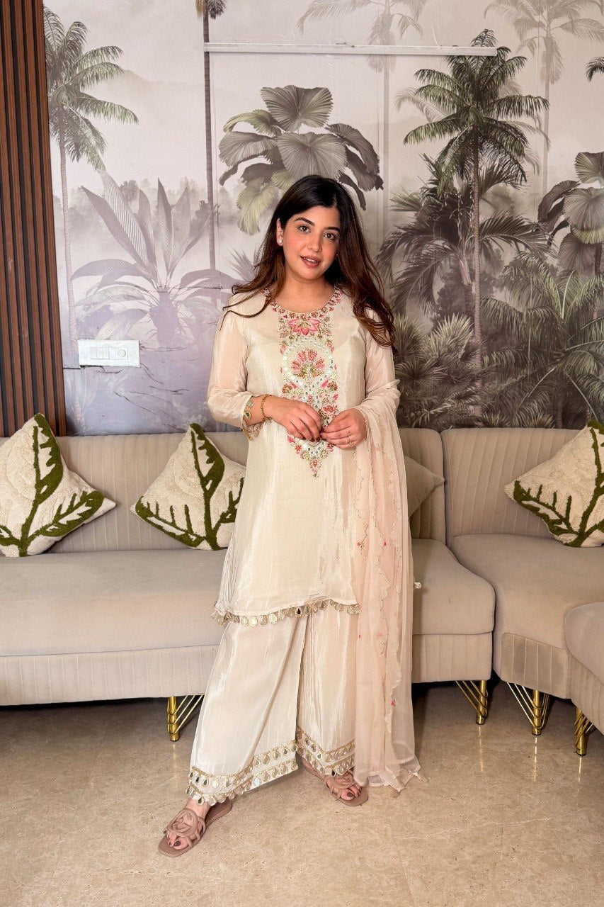 Elegant Off-White Thread Work Kurta Set with Palazzo and  Dupatta