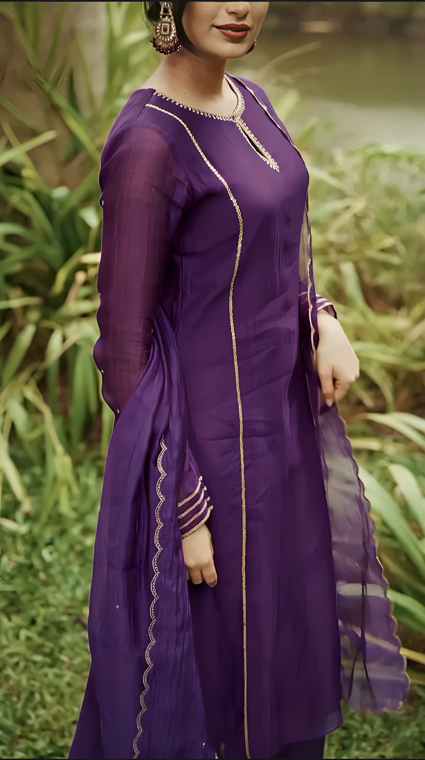 Purple Silk Blend Suit Set with Scalloped Border Dupatta