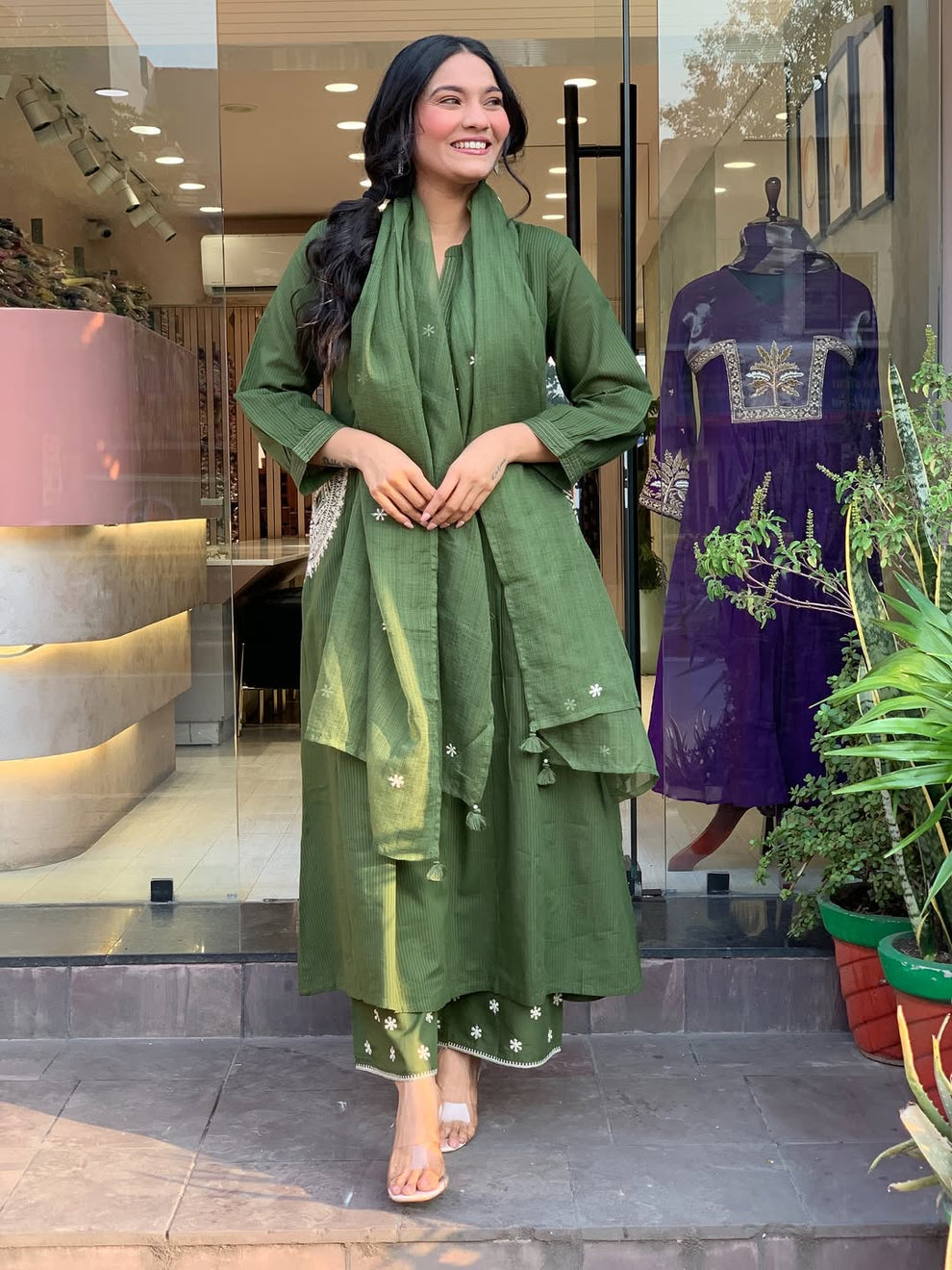Olive Green Cotton Blend Embroidered Kurta With Pant & Dupatta Set