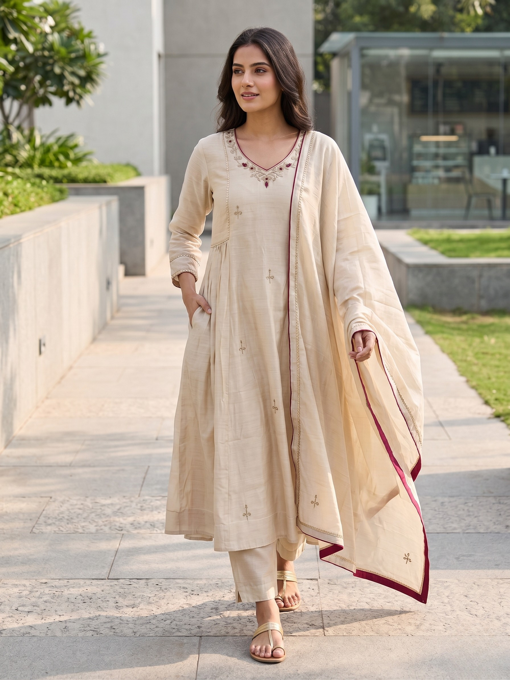 Graceful Off-White Traditional Wear Anarkali Suit Set