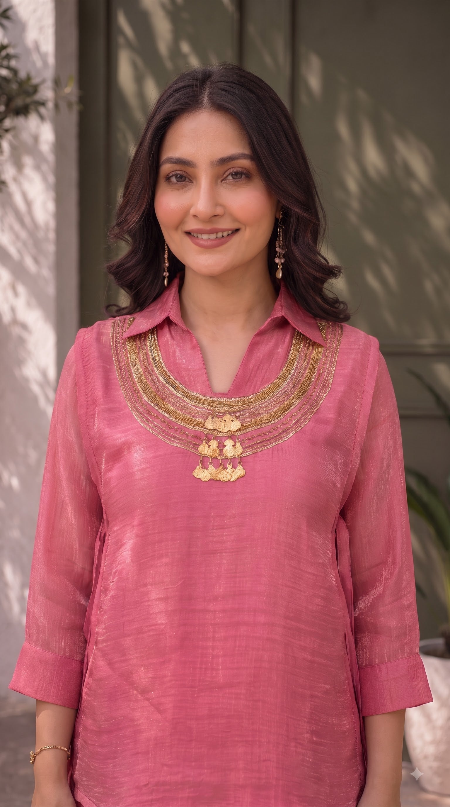 Red Crunchy Silk Top and Palazzo Set with Handwork Neckline