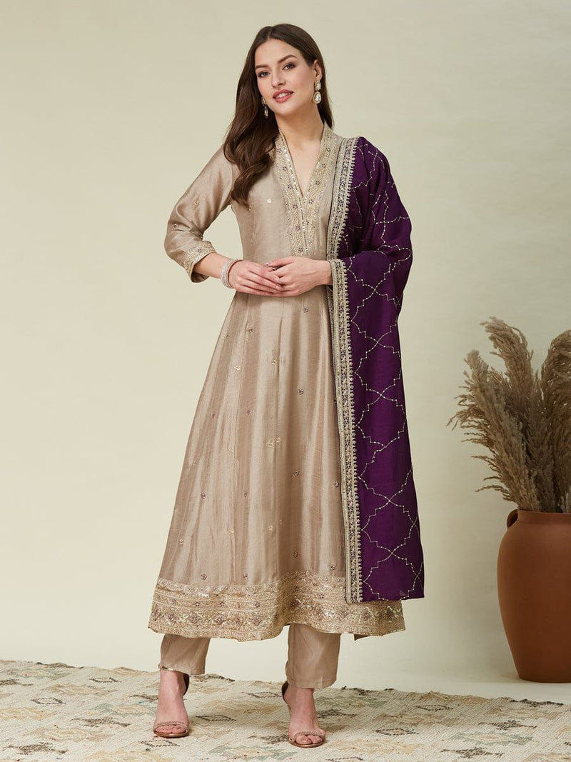 Beige Embroidered Anarkali Kurta Set with Purple Dupatta