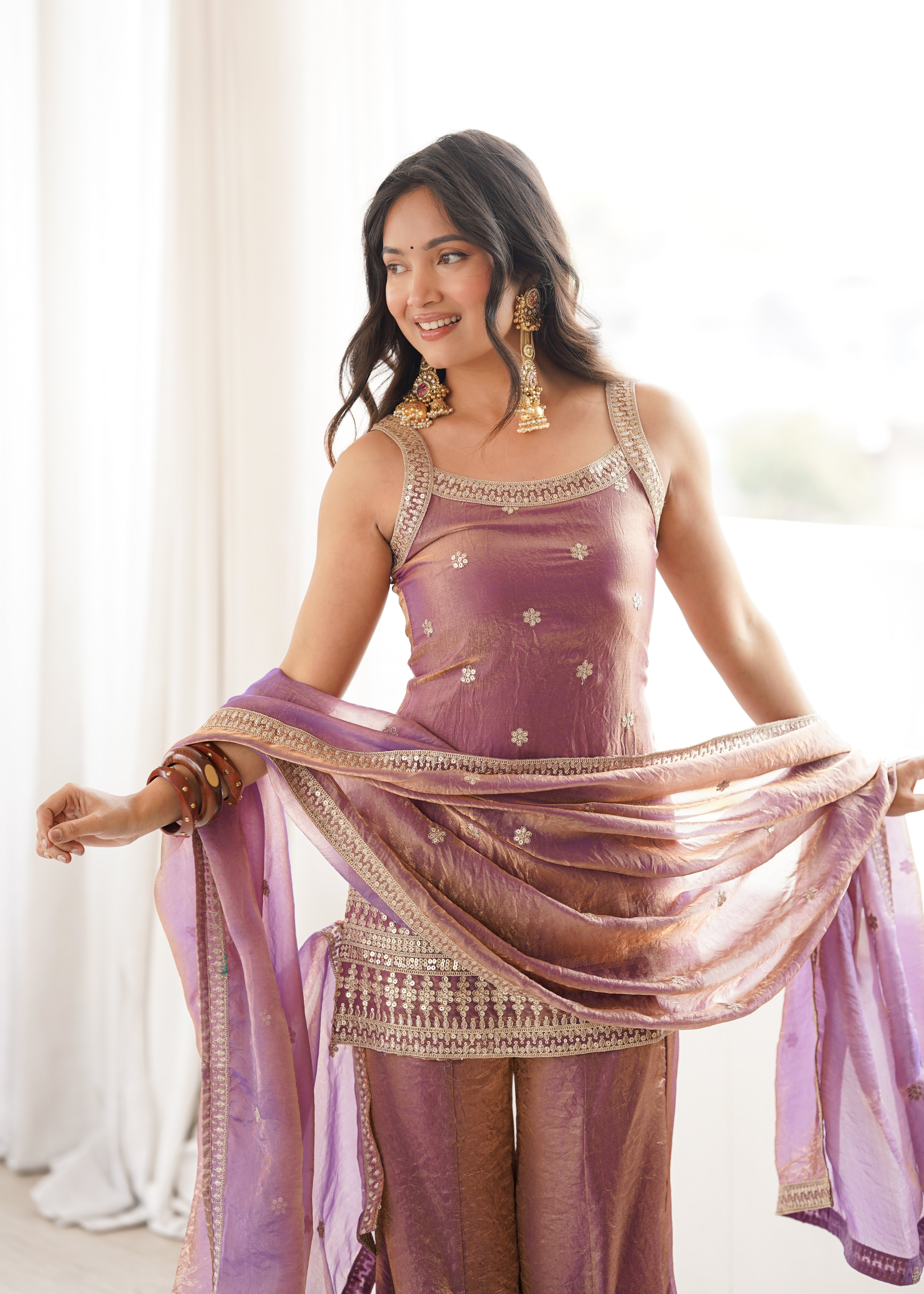 Royal Mauve Silk Embroidered Sharara Suit with Fancy Lace Border