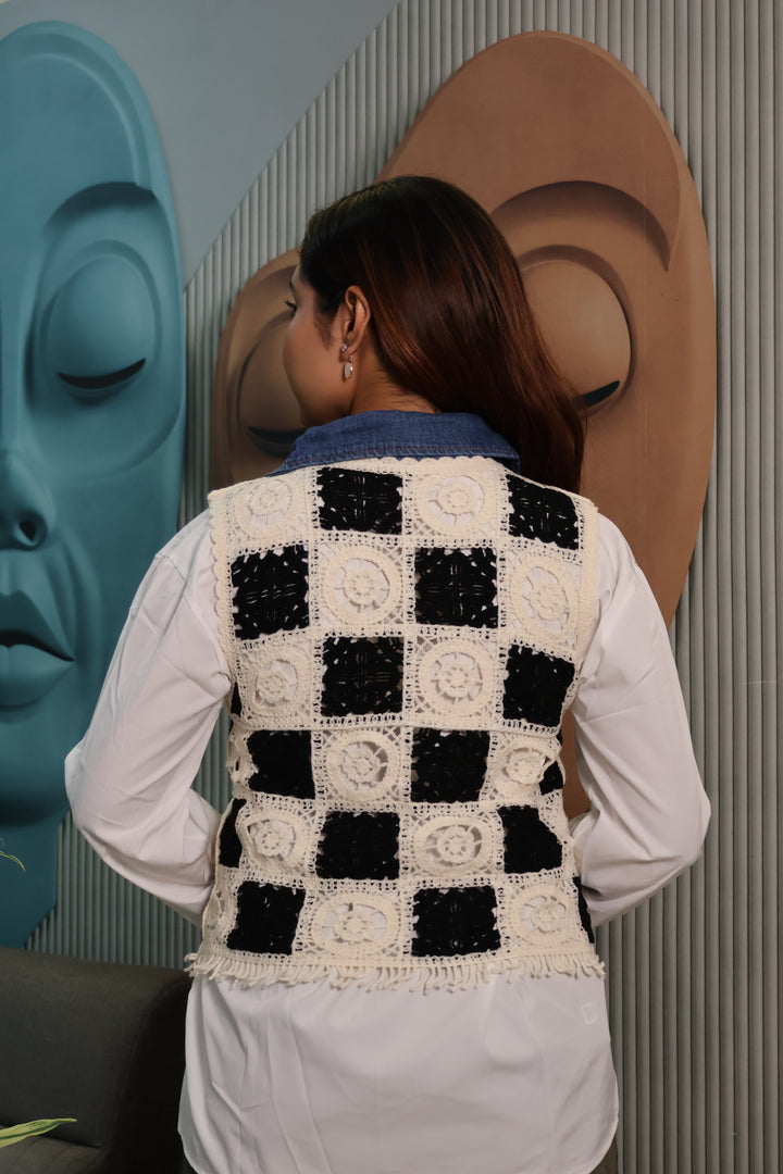 Crochet Patchwork Layered Shirt Top with Denim Collar