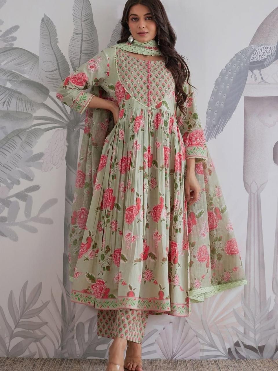 Premium Sage Green Floral Jaipuri Cotton 6060 Flared Anarkali Suit Set with Pant & Dupatta