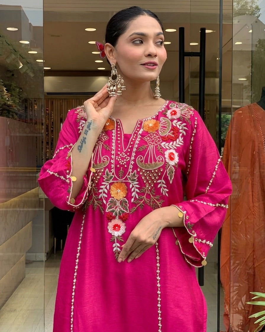 Rani Pink Chanderi Silk Embroidered Kurta Pant Set with Dupatta