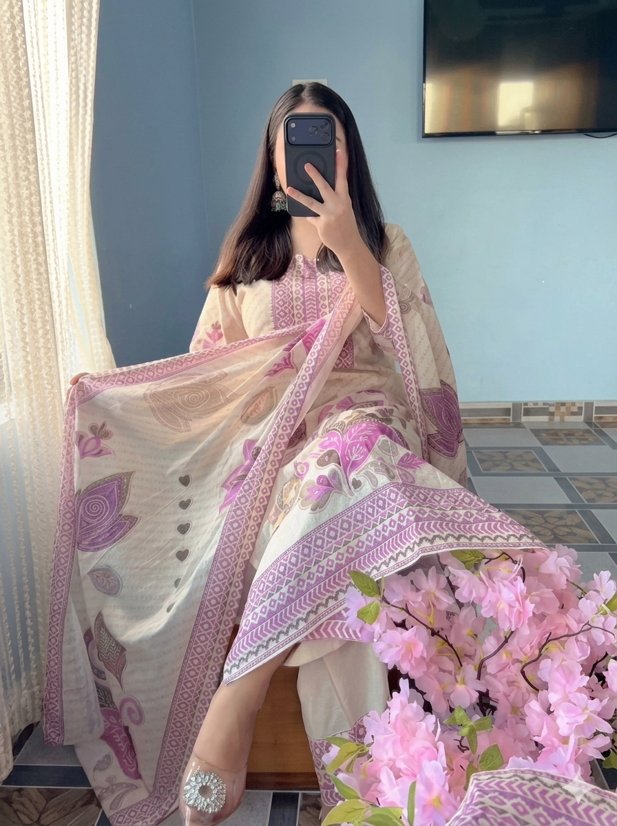 Traditional Hand-Block Print Ethnic Suit Set - Off-White & Pink