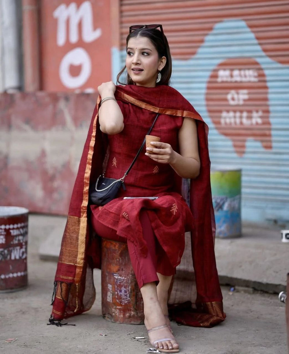 Solid Maroon Sleeveless Kurta Set with Handwoven Dupatta