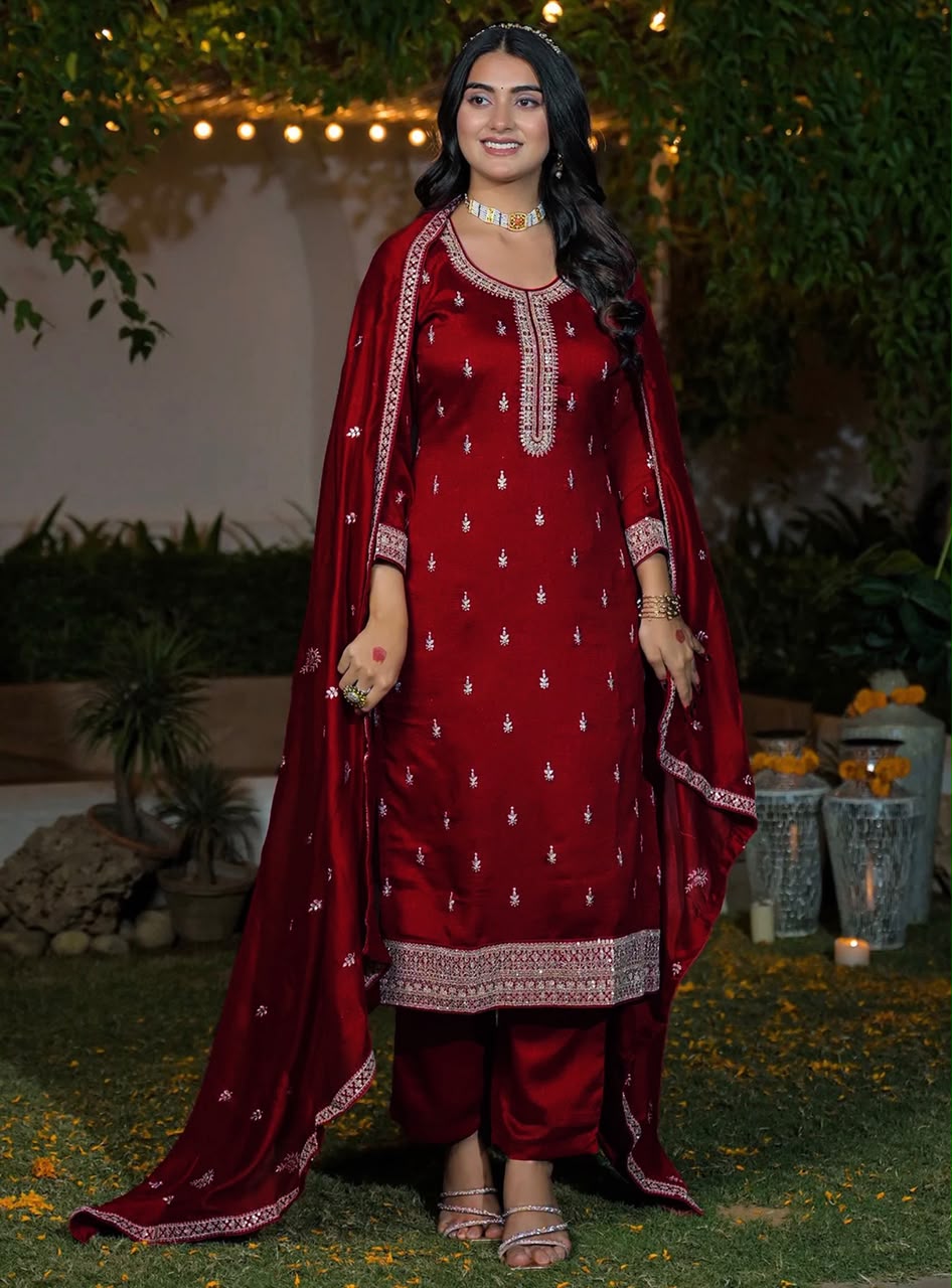 Elegant Maroon Silk Embroidered Kurta Set with Dupatta