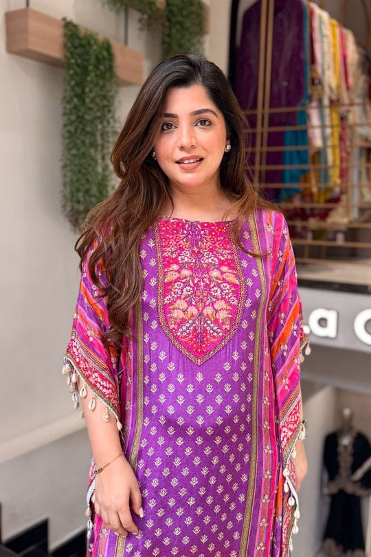 Purple Mustard Printed Kaftan Kurti Set with Beads Work & Pants