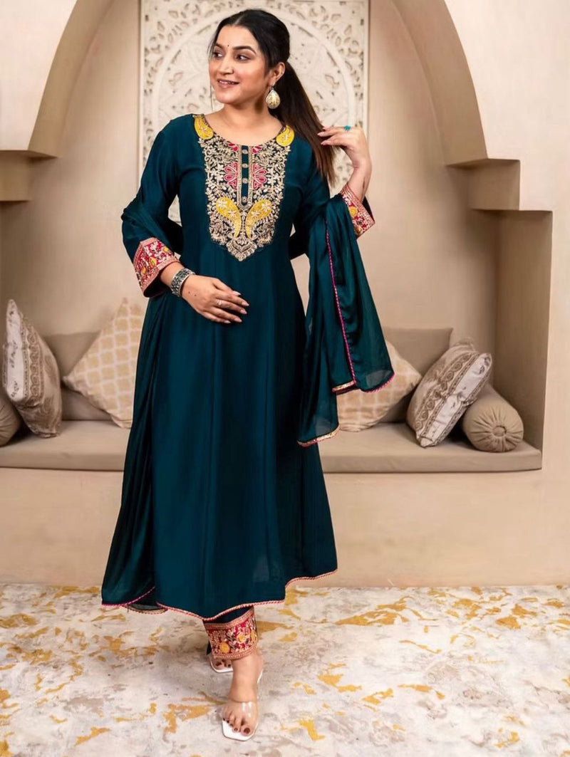 Teal Embroidered Anarkali Kurta Set with Dupatta