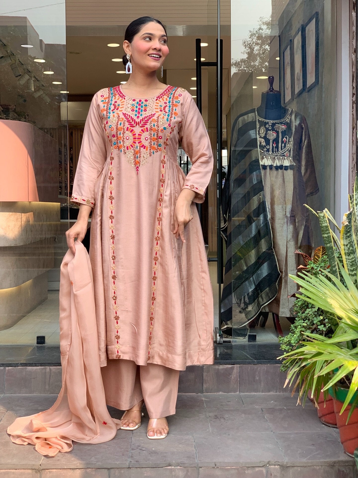 Elegant Peach Embroidered Anarkali Kurta Pant Set with Dupatta