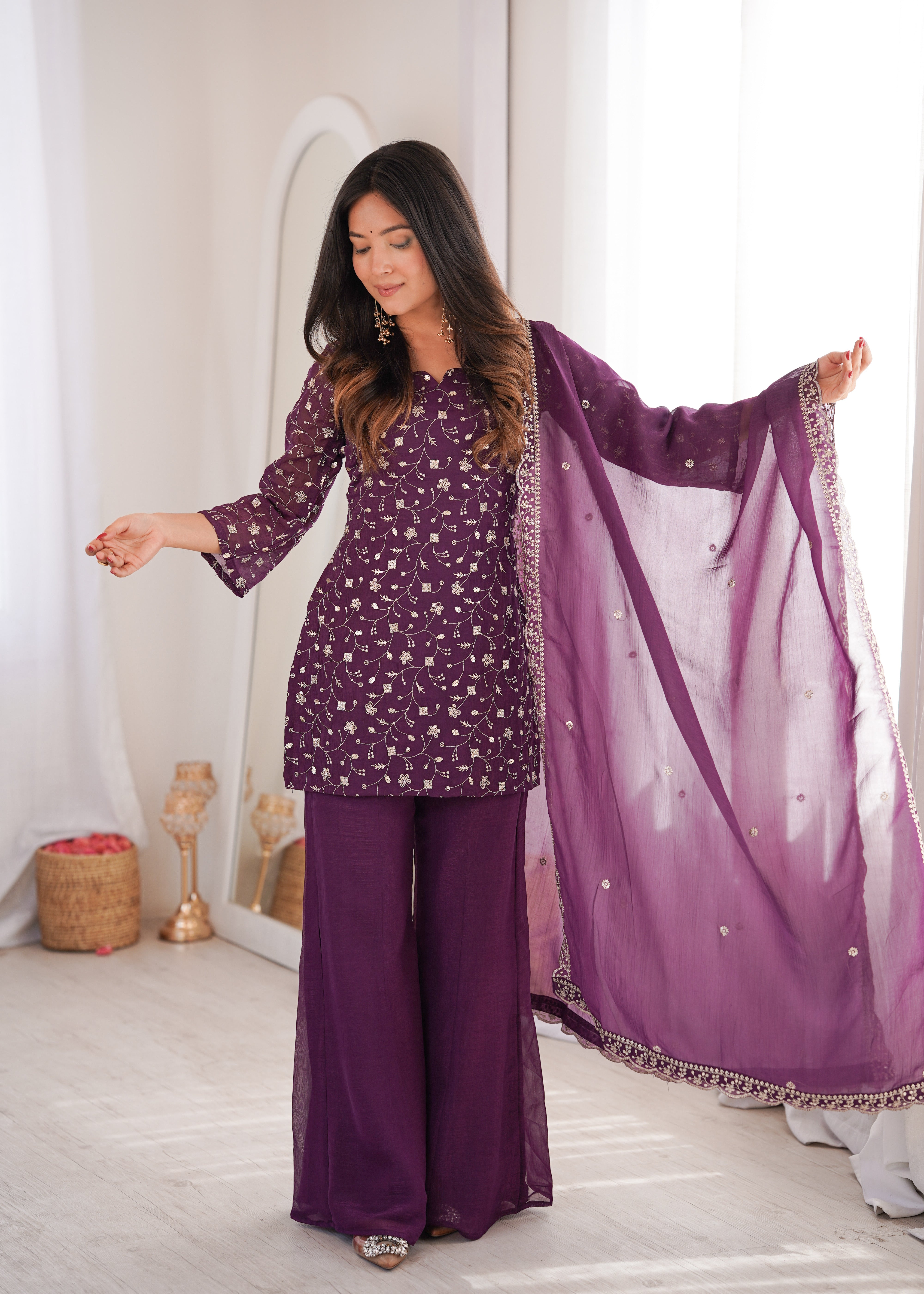 Crunchy Silk Embroidered Suit Set with Bell Bottom Pant