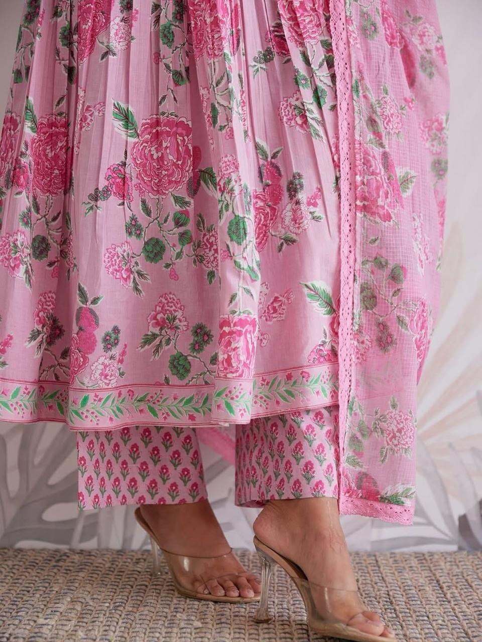Premium Pink Floral Jaipuri Cotton 6060 Flared Anarkali Suit Set with Pant & Dupatta