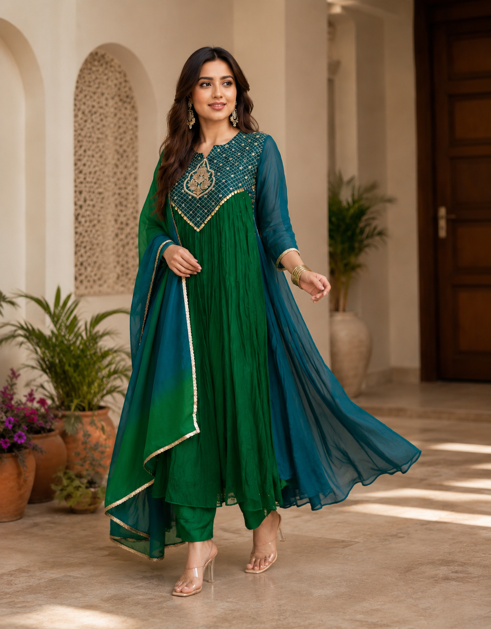 Women's Emerald Green Embroidered Anarkali Kurta Set with Chiffon Dupatta