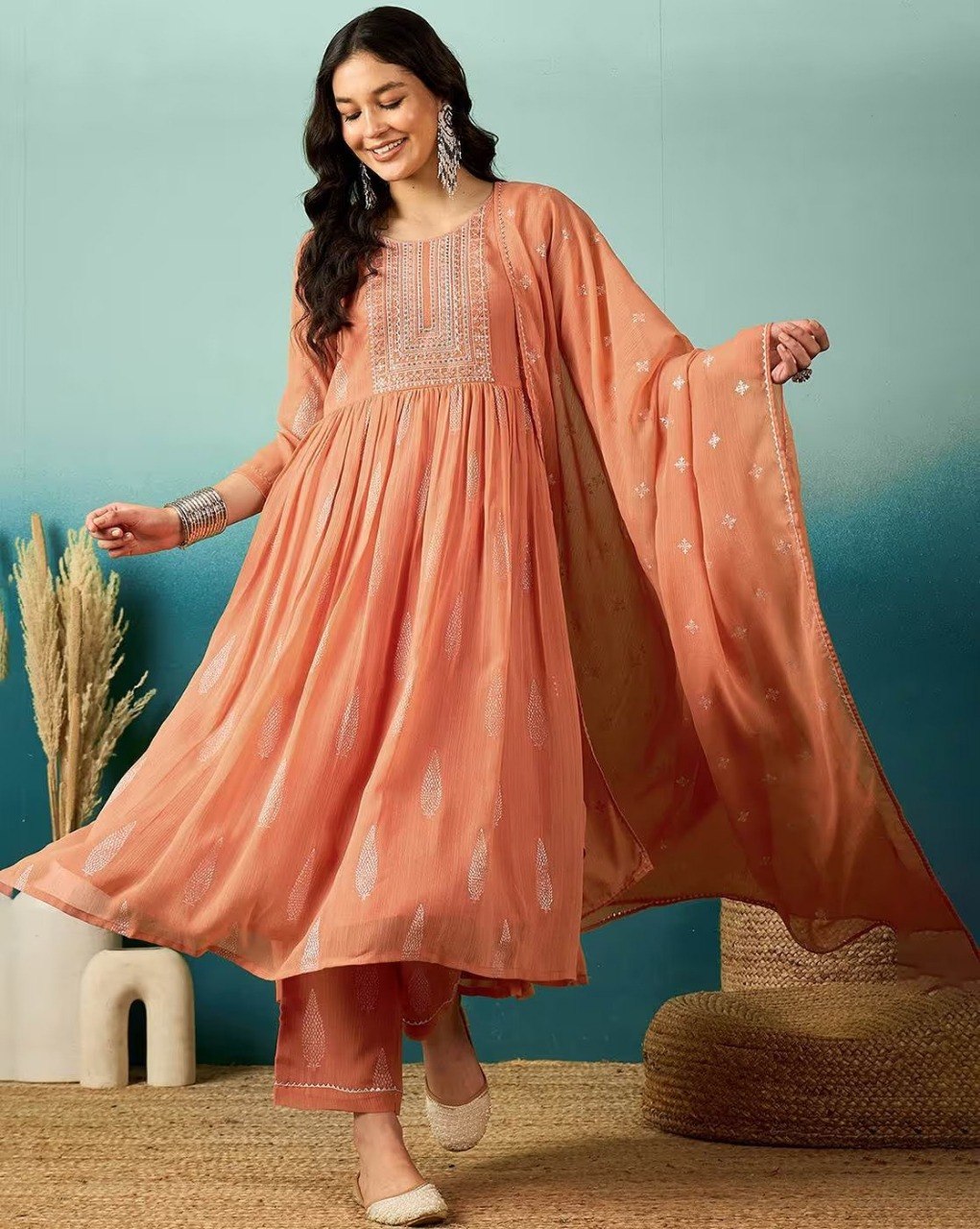 Pastel Peach Embroidered Flared Anarkali Kurta Set