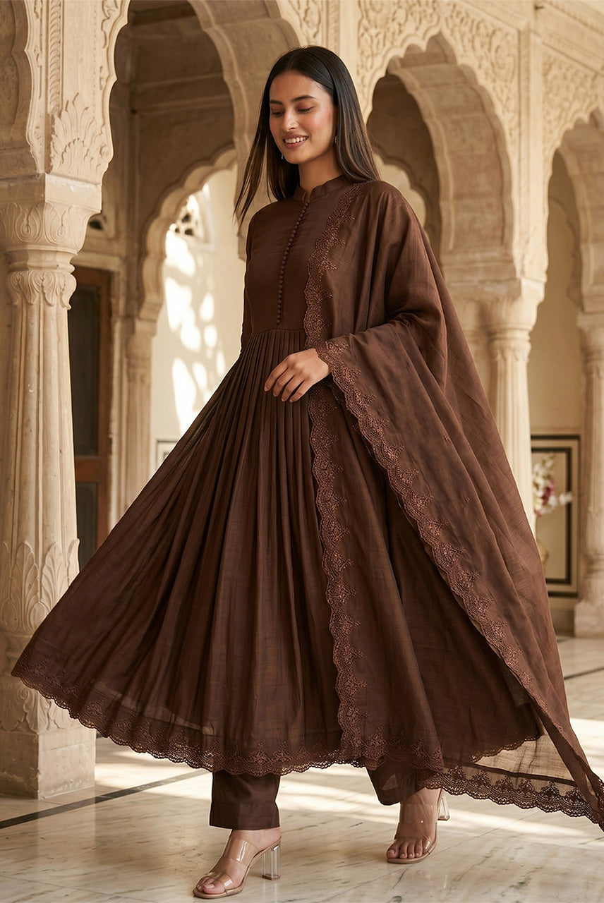 Brown Flared Anarkali Suit Set with Dupatta