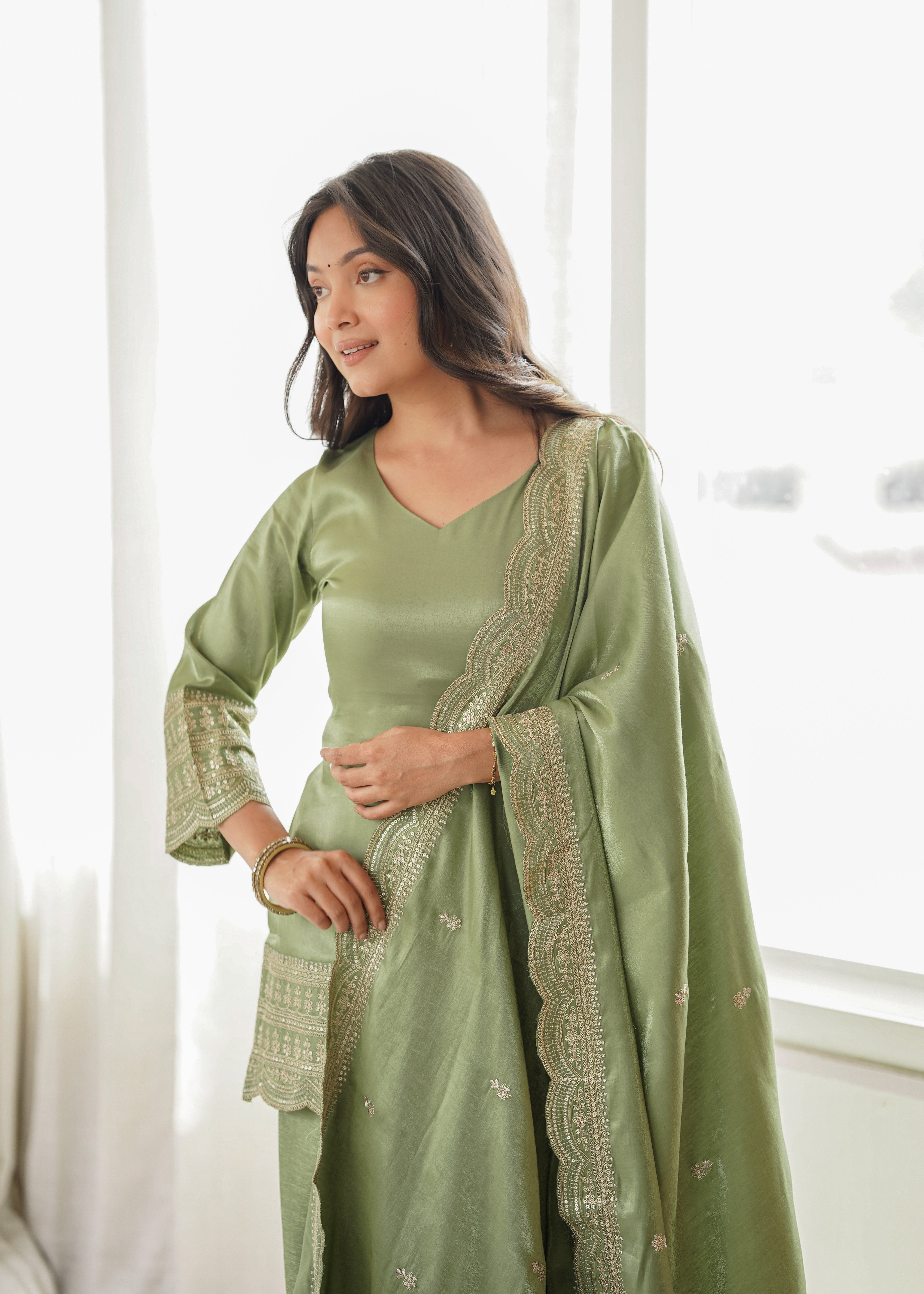 Olive Green Salwar Suit for Women | Embroidered Kurta, Salwar, and Dupatta Set