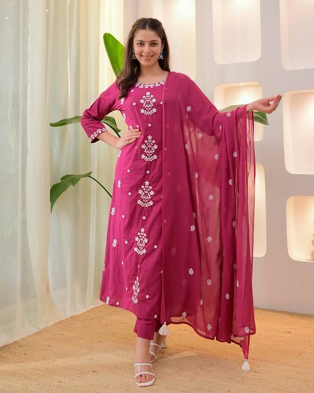 Magenta Pink Embroidered Kurta Pant Set with Dupatta
