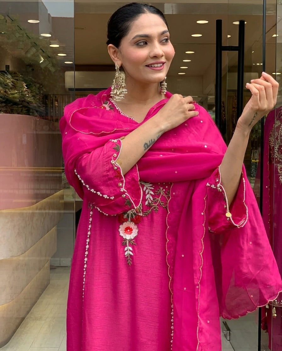 Rani Pink Chanderi Silk Embroidered Kurta Pant Set with Dupatta