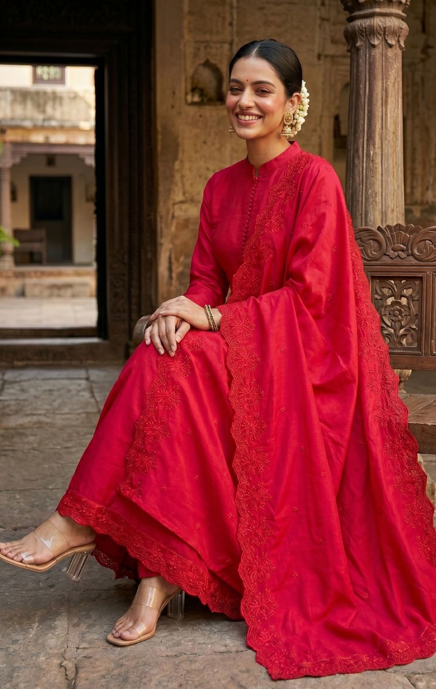 Elegant Wine Red Anarkali Suit Set with Dupatta
