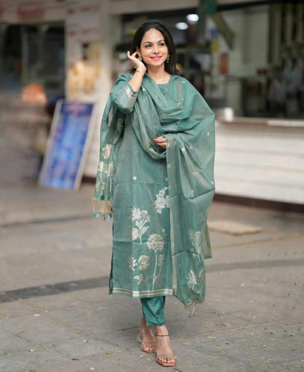 Women's Elegant Sage Green Woven Floral Silk Kurta Pant Set with Dupatta