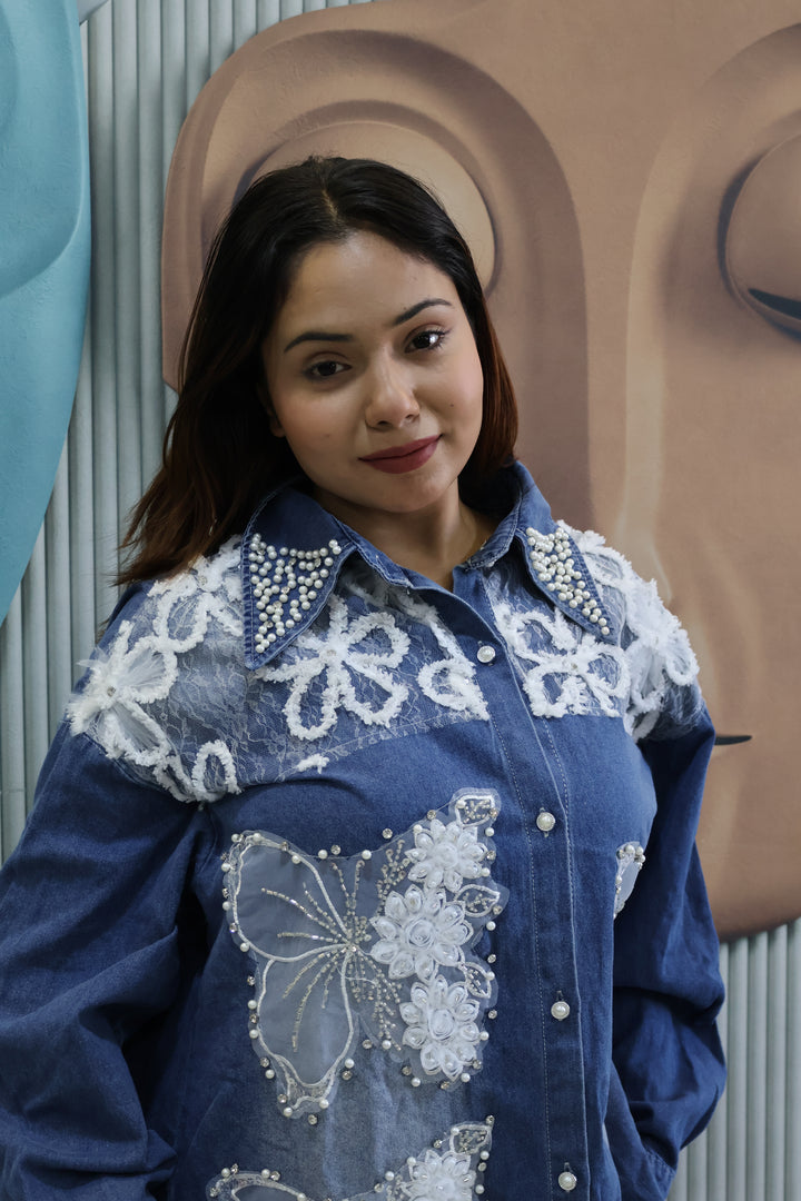 Denim Shacket with Butterfly Applique & Pearl Detailing | Designer Jacket-Style Shirt